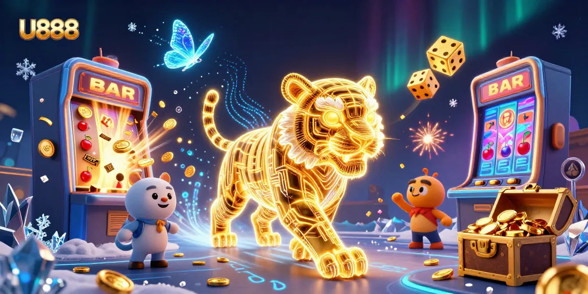 U888 tiger dazzles in a dynamic casino scene, showcasing winning slot jackpots and vibrant gaming elements.
