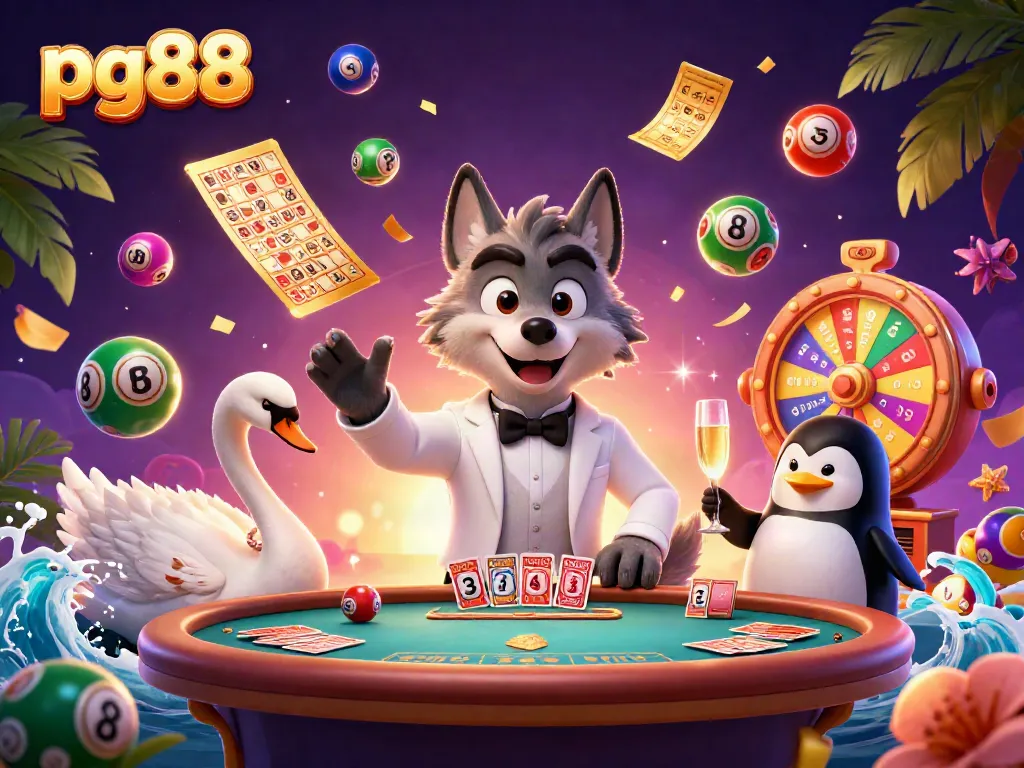 Engage with pg88 by spinning vibrant lottery balls and enjoying a lively baccarat game scene.
