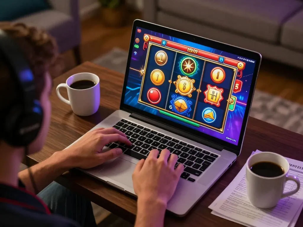 Online player enjoys thrilling slot game on lc88pro, surrounded by strategy notes and coffee.