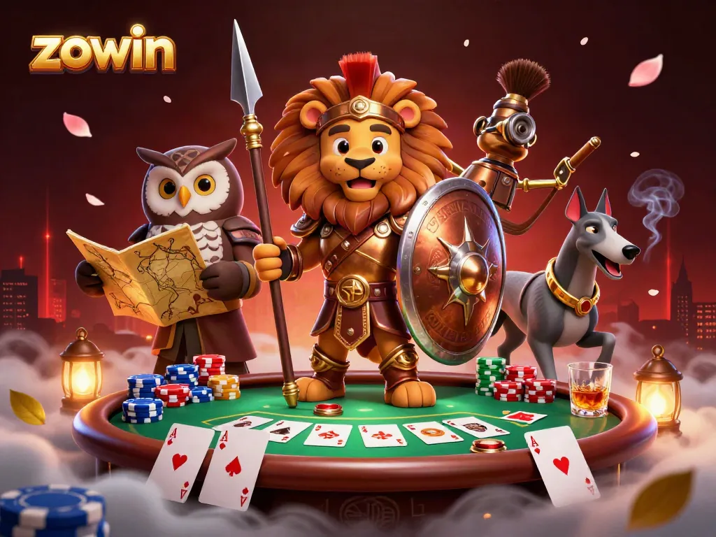 Engage in thrilling poker action with Zowin's vibrant characters and dynamic casino elements.