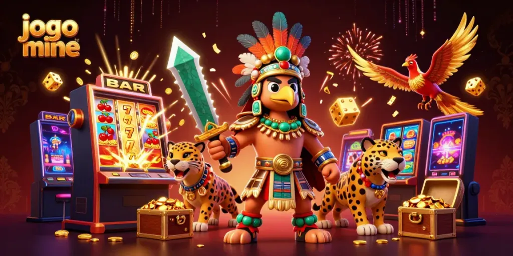 Experience thrilling gameplay with jogo mine, featuring Aztec warriors amidst a vibrant casino setting.