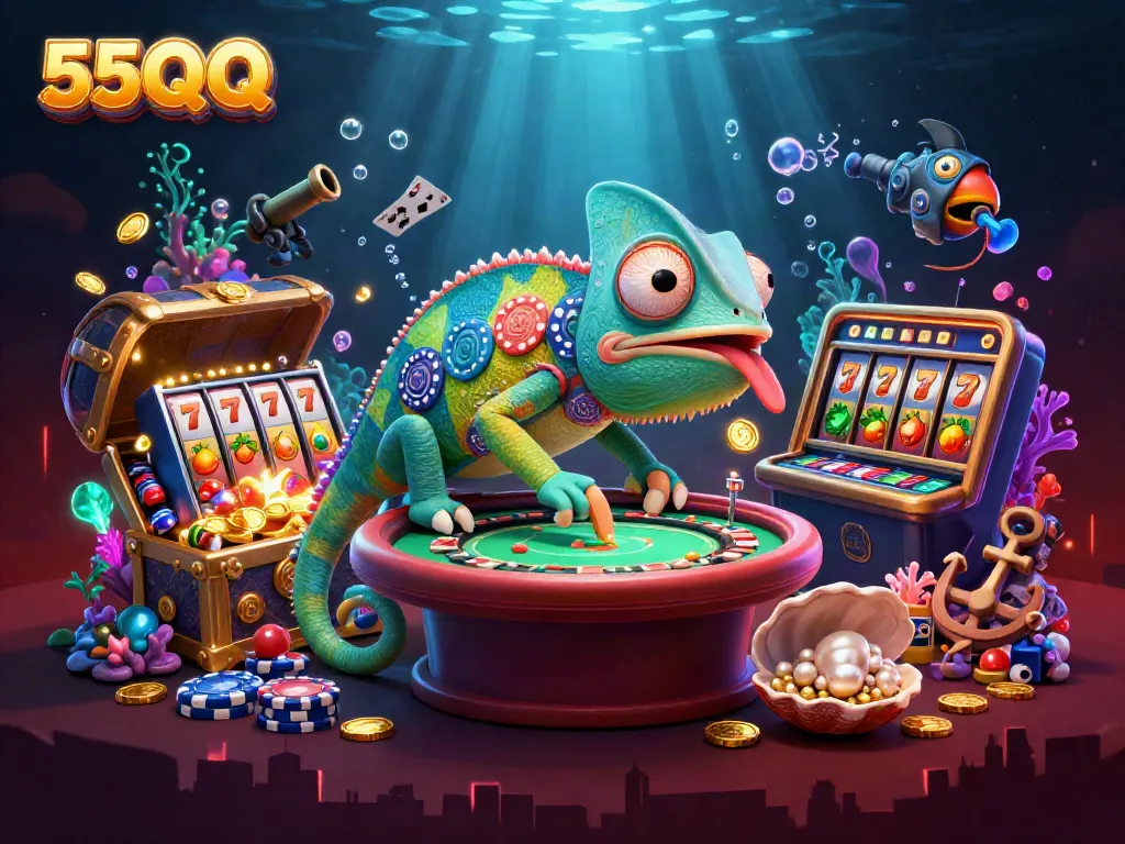 Experience thrilling slots and casino action with the vibrant 55QQ chameleon illustration.