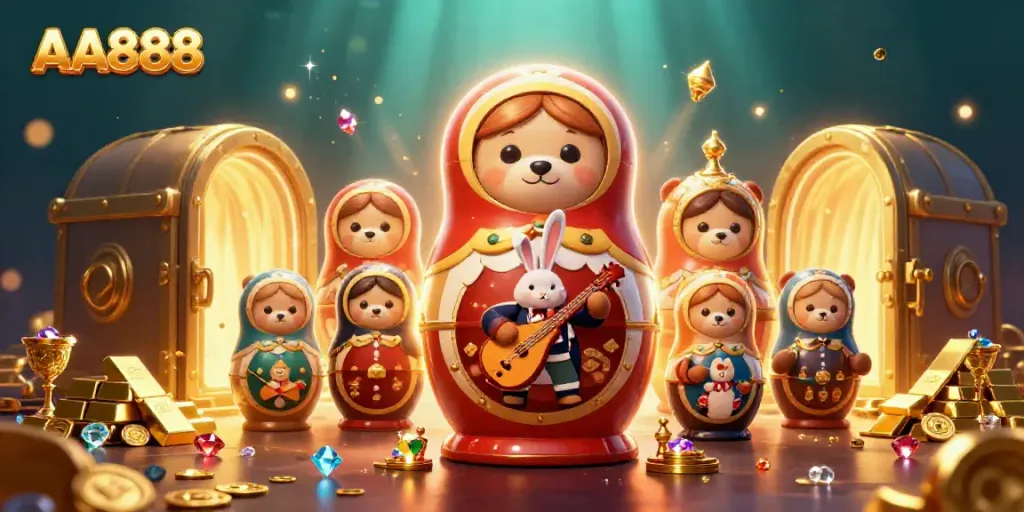 Experience the vibrancy of AA888 with casino-themed characters amidst dazzling treasures and dynamic surroundings.
