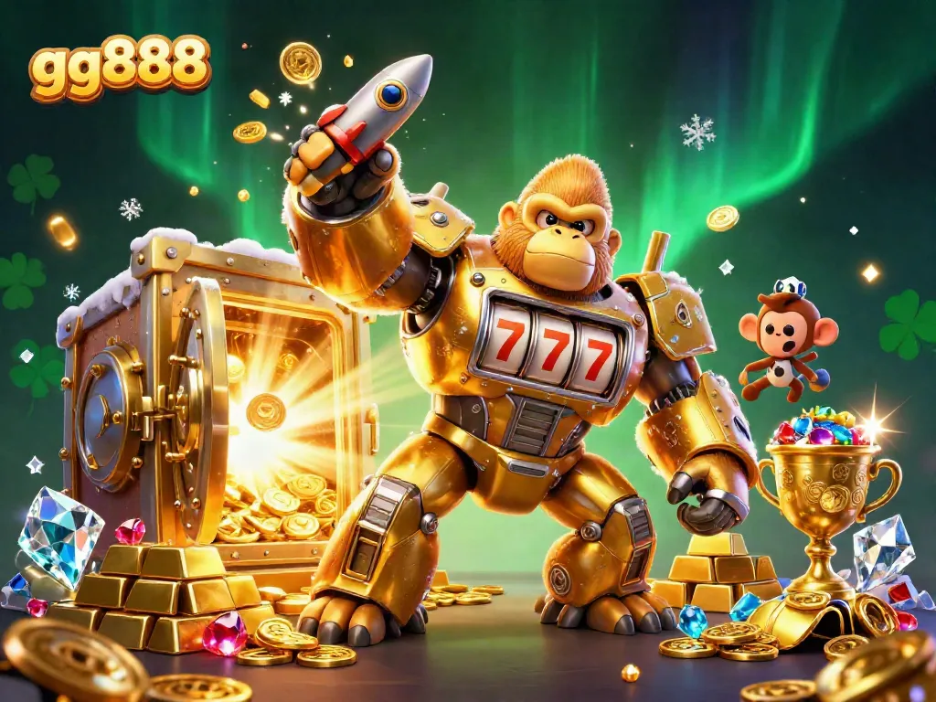 Engage with gg888 in a vibrant 3D casino scene filled with gold and luck.