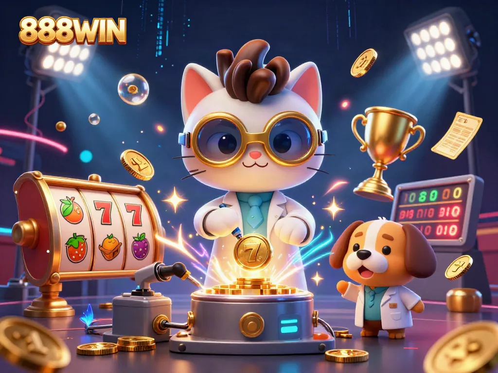 Spin to win at 888WIN with vibrant visuals of jackpot machines and playful characters.