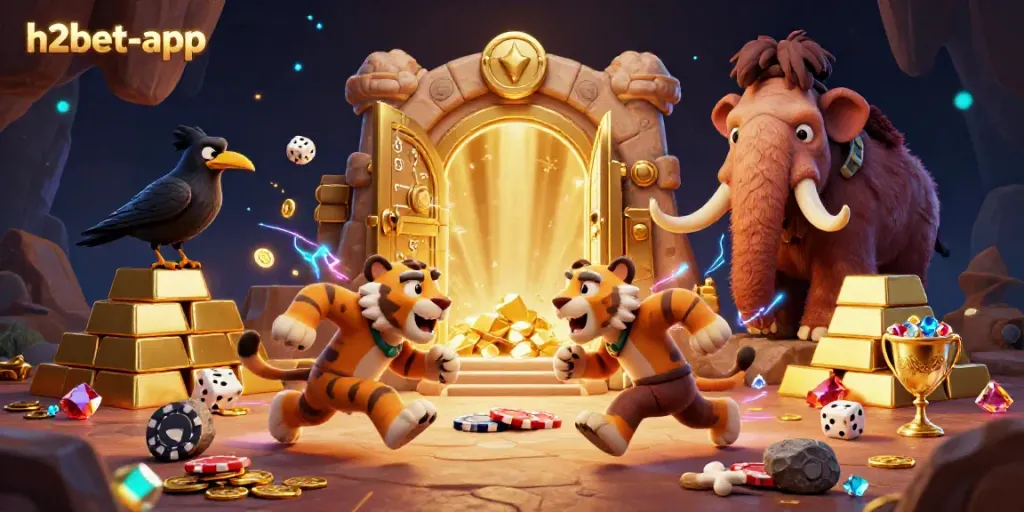 Enter the vibrant world of h2bet-app, featuring a lively prehistoric casino scene with unique characters and dazzling treasures.