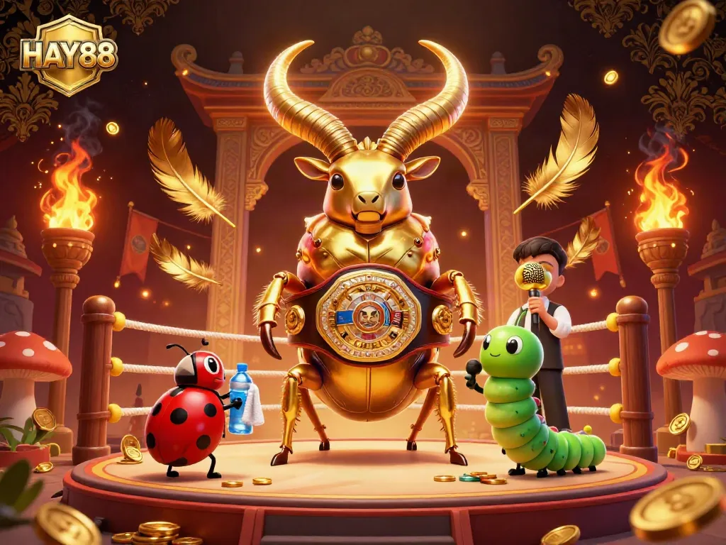 Experience HAY88's vibrant energy with a giant stag beetle champion in a dynamic betting arena.