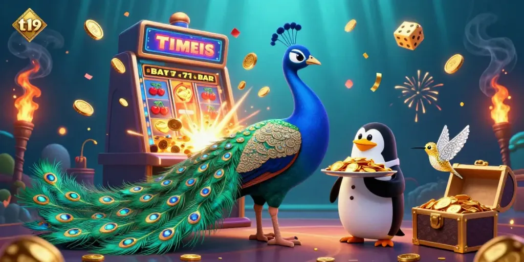 Experience the vibrant t19 casino scene featuring a peacock and friends amidst a jackpot explosion.