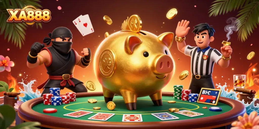 XA888 illustration featuring a golden piggy bank sumo wrestler and poker action with vibrant elements.