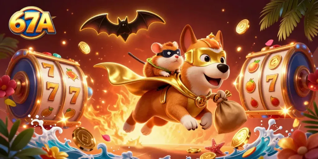 Experience thrilling wins with 67A as the cartoon superhero dog flies through a vibrant casino scene