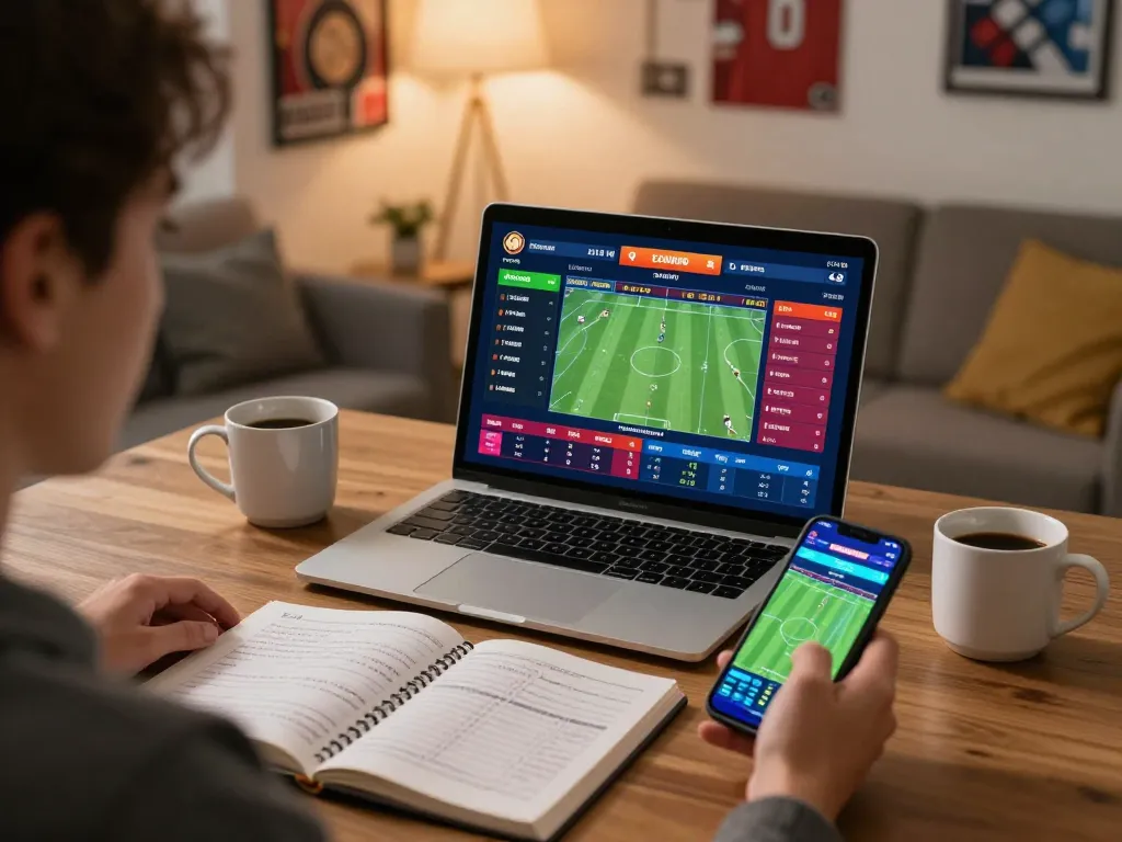 Jogador da AAVIP participando de apostas esportivas online com laptop e smartphone em um ambiente acolhedor em casa.