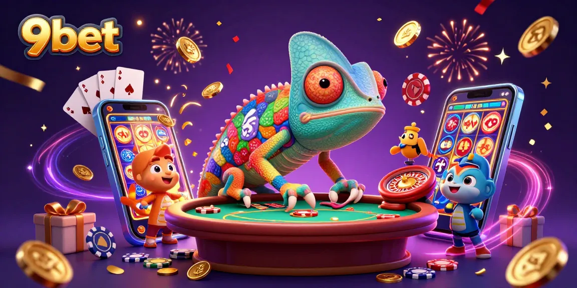 9bet engaging chameleon casino owner capturing golden coins amidst confetti and slot game excitement.