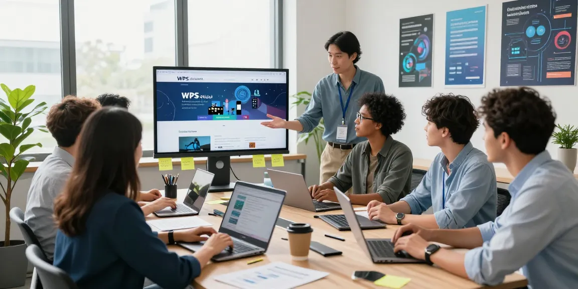 Team collaborating on the WPS Official Website in a vibrant office space with modern tech setup