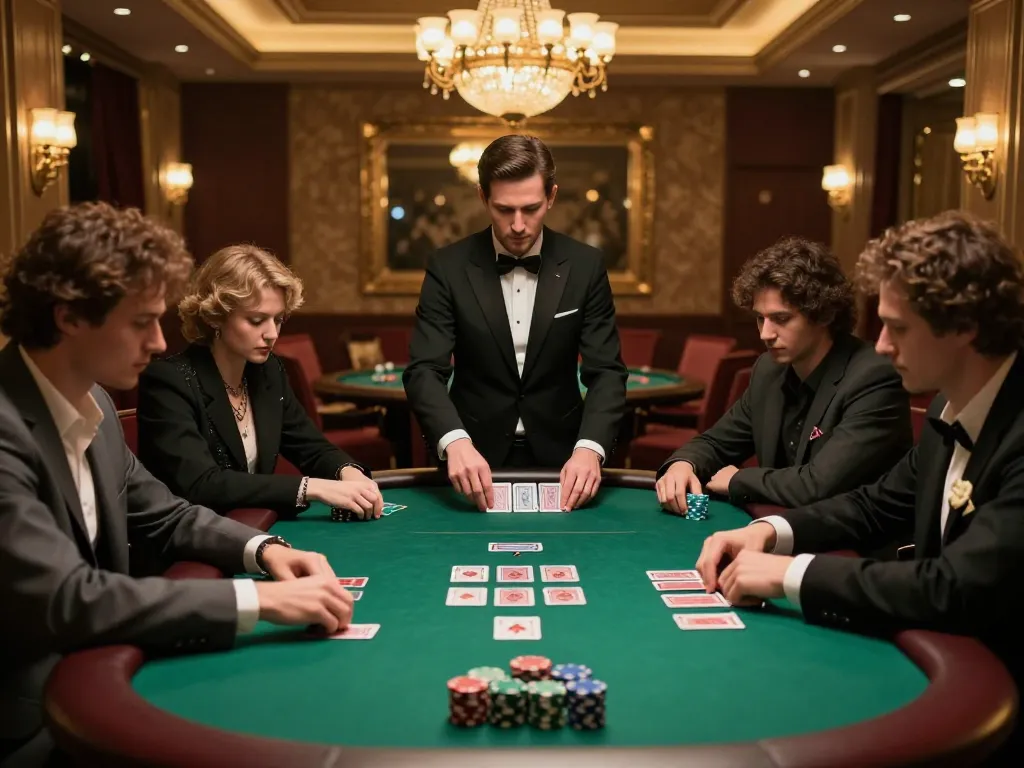 Engaging poker players strategizing during a game bài đổi thưởng session at an upscale casino.