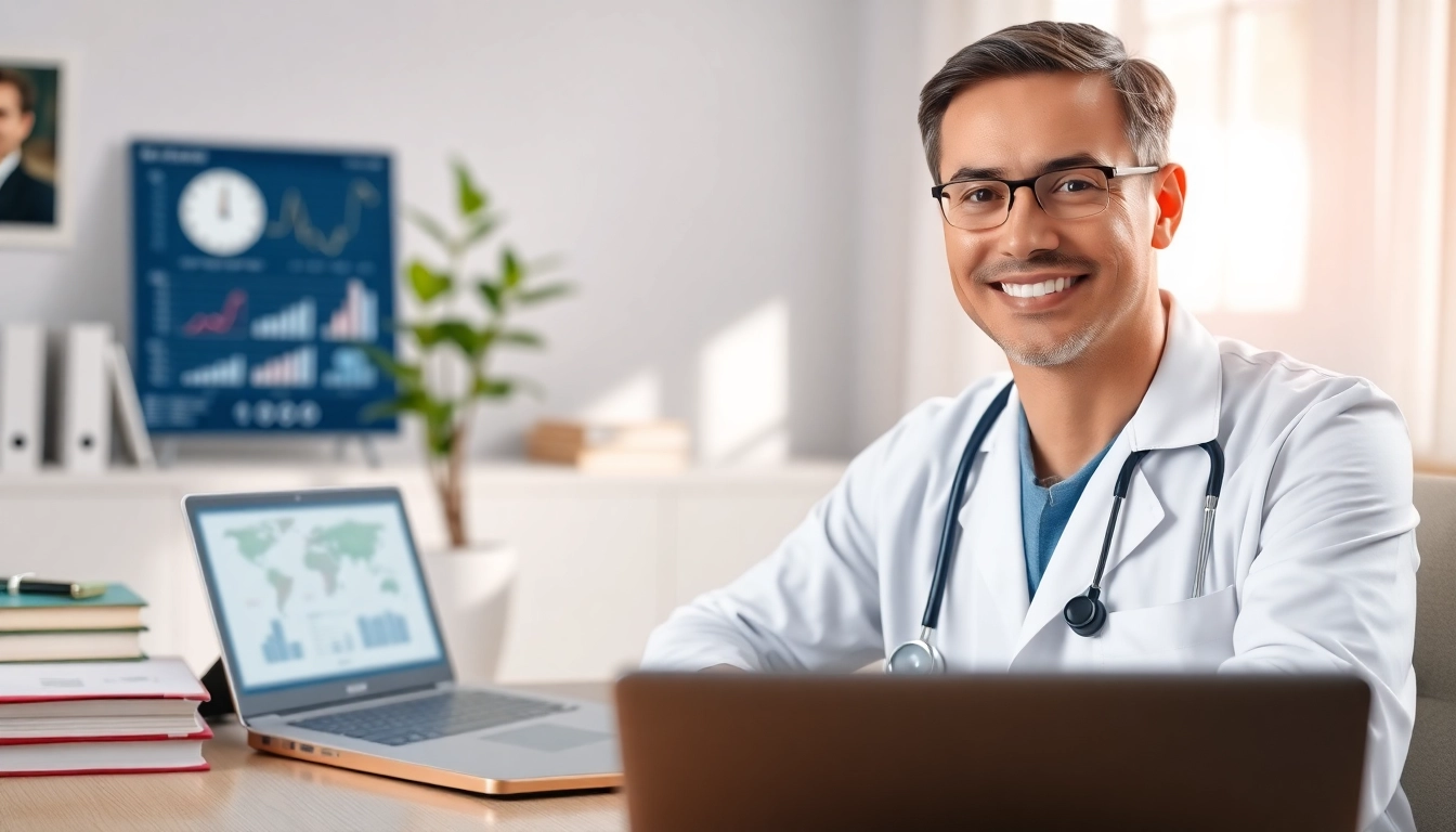 Engaging virtual doctor for minor illnesses consultation showing a caring physician in a home office.