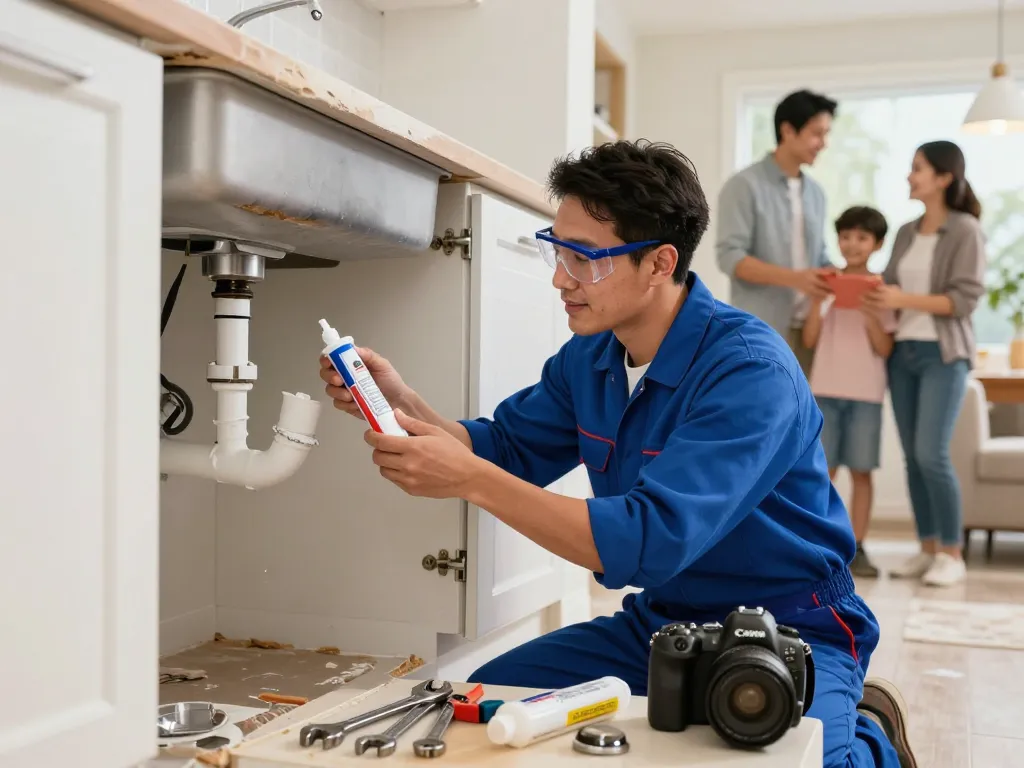 Plumber fixing a leak under a kitchen sink, demonstrating expert plumbing service.
