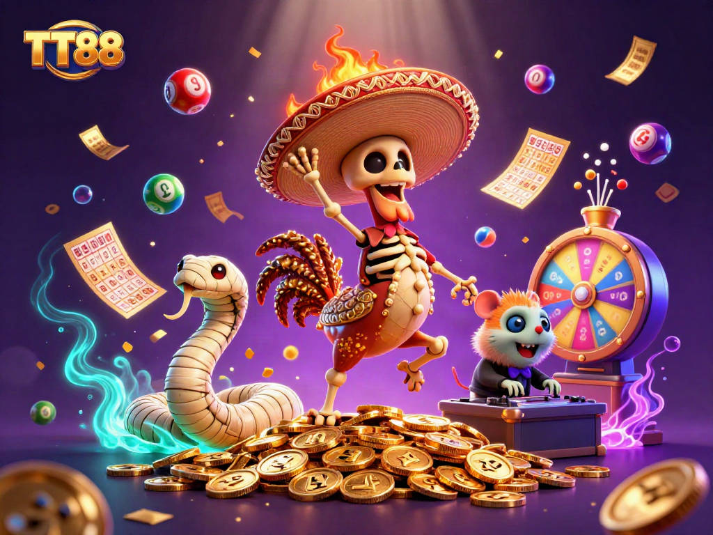 Engage with TT88's vibrant lottery scene featuring a joyful rooster amidst colorful elements.
