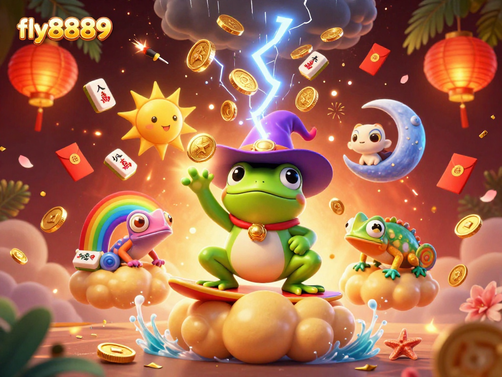 Engage with the enchanting world of fly8889 where golden coins rain from a wizard frog amidst vibrant casino elements.