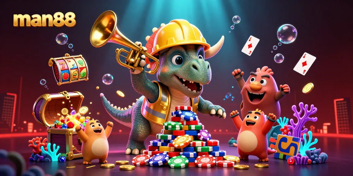 Engage in thrilling man88 gameplay with a vibrant casino scene featuring a triceratops and parasaurolophus.