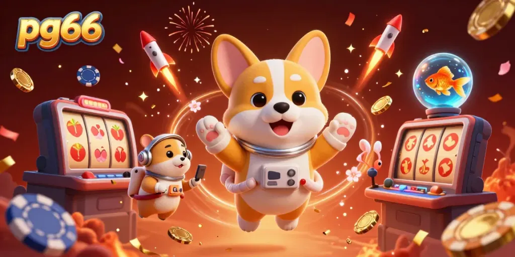 Experience excitement in pg66's colorful casino with a corgi astronaut and playful elements.
