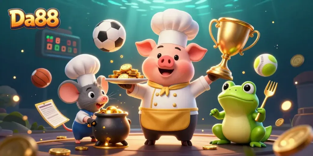 Experience Da88's vibrant casino scene with a whimsical chef pig serving treasures in a dynamic gaming atmosphere.