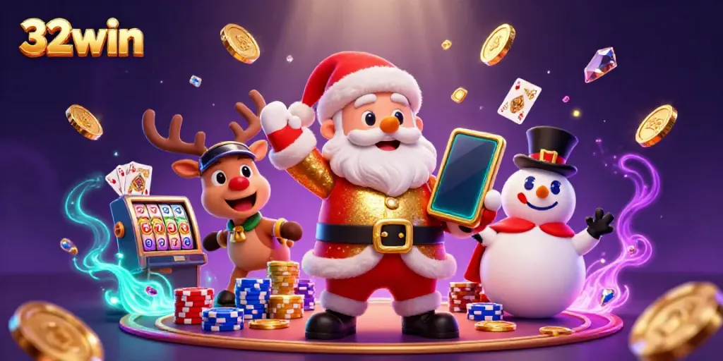 Experience the excitement of 32win casino with animated characters surrounded by slot machines.