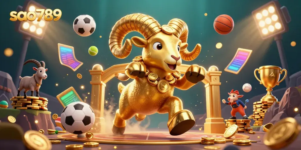Sao789 showcases a powerful golden ram charging through a vibrant casino scene filled with sports elements.