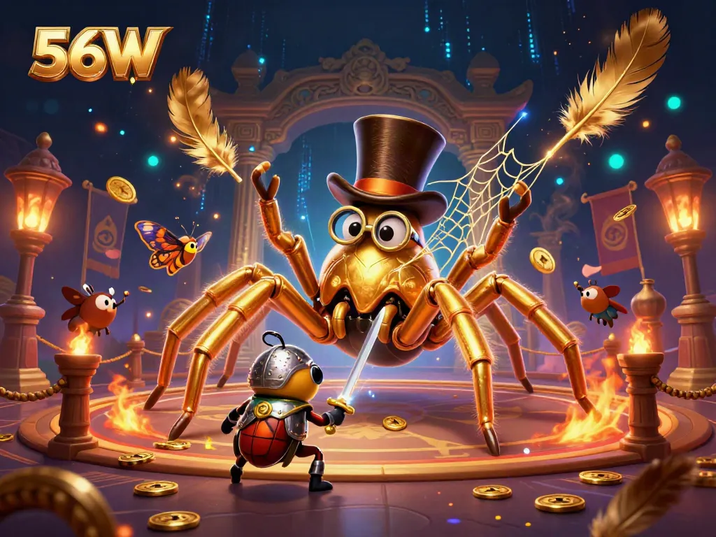Experience thrilling gameplay with 56W's giant golden tarantula, beetle knight, and casino ambiance.