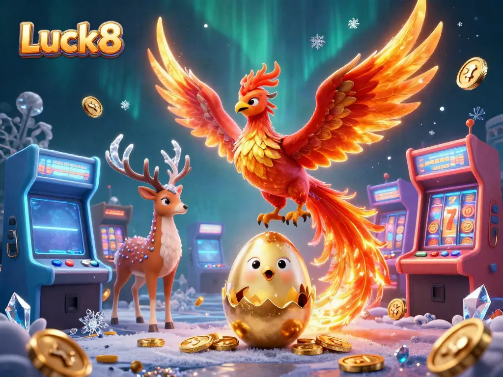Experience luck at Luck8 as the phoenix ascends with jackpot dreams in a vibrant casino setting.