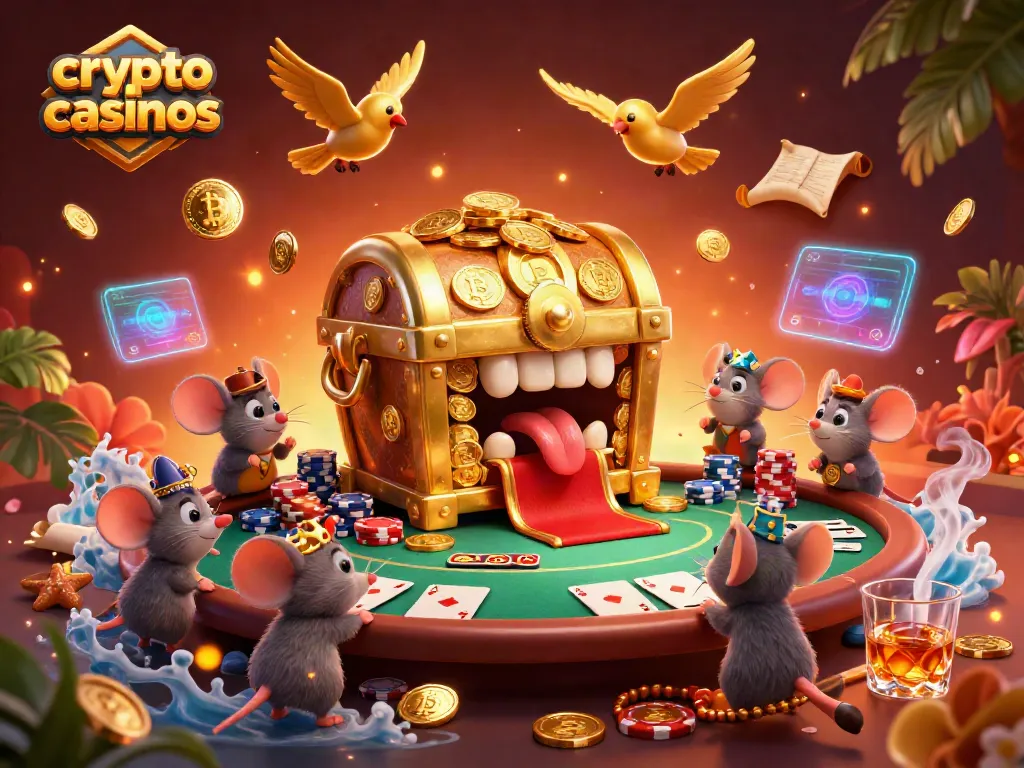Engage with crypto casinos as golden treasure chests entice adventurous mice surrounded by vivid gaming elements.