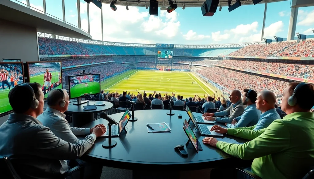 Sports Broadcasting analysts engaging in lively discussions in a modern studio.