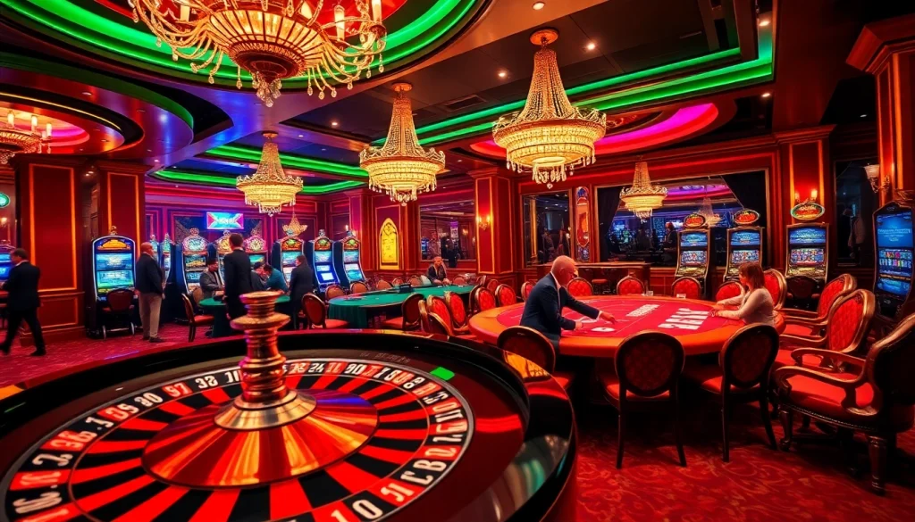 Engaging scene of a casino featuring a roulette wheel, cards, and go8 betting excitement.