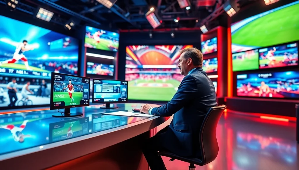 Engaging sports broadcasting studio with an energetic host presenting news and stats.