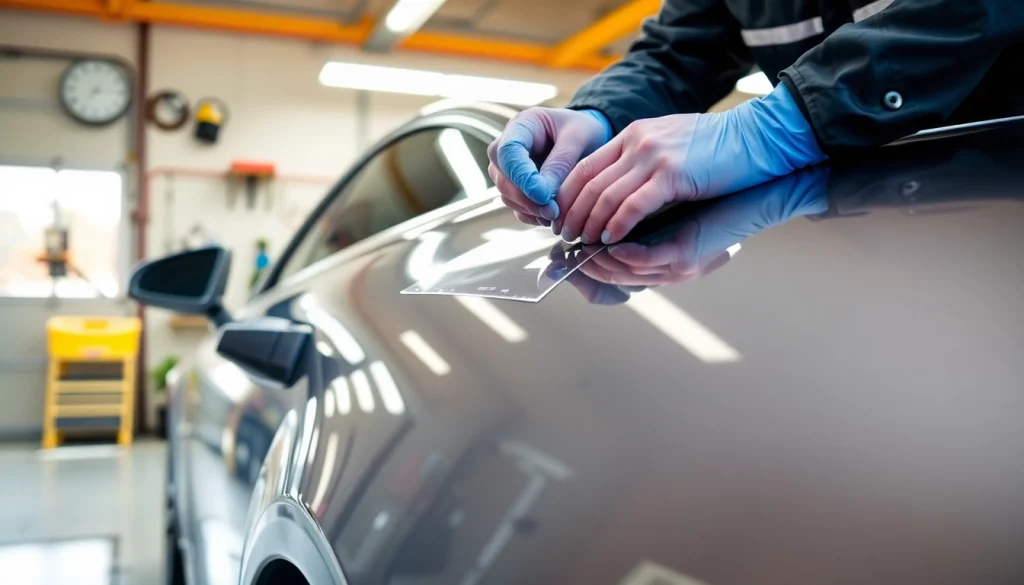 Installing paint protection film near me for enhanced car longevity in a professional setting.