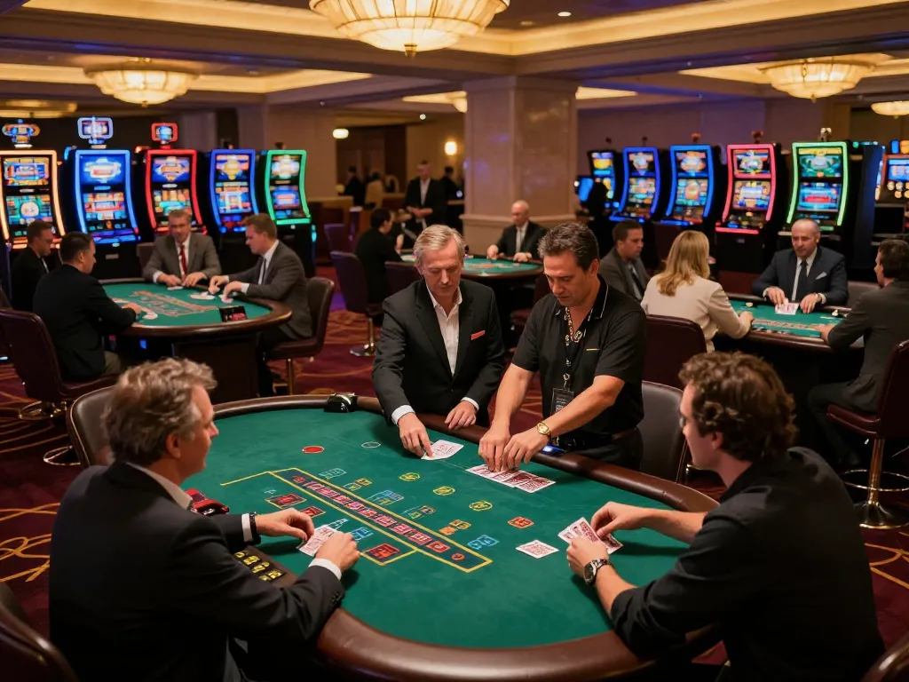 Players engage at blackjack tables in 399w casino, showcasing a vibrant gaming atmosphere.