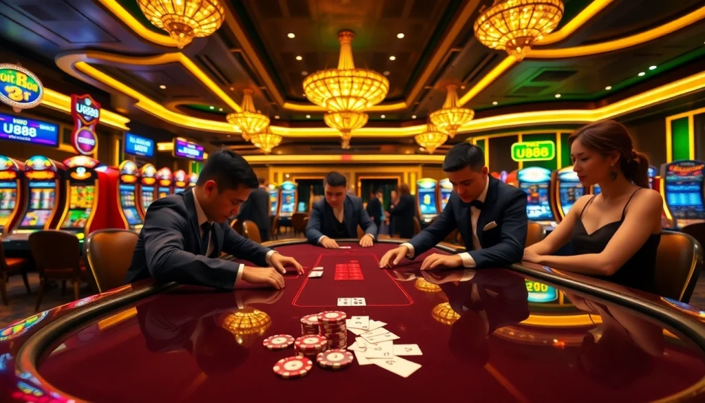 Experience thrilling gaming at U888, featuring vibrant poker tables and engaging slot machines.