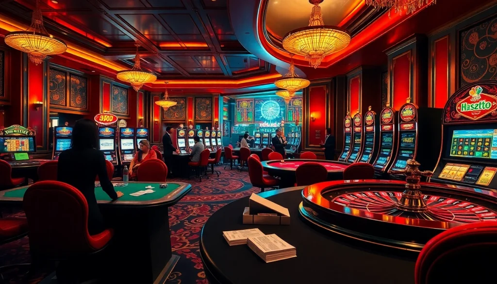 hb88 gamers enjoying a lively casino atmosphere with vibrant tables and thrilling roulette wheel.