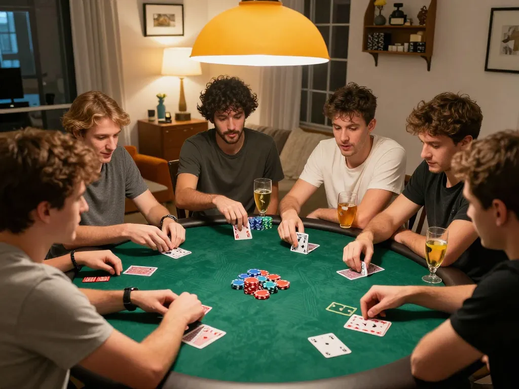 Players enjoying a home poker night with intense focus on gameplay while referencing x333 Link for strategies and tips.