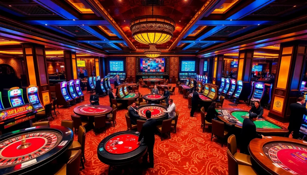 I9BET gaming lounge featuring roulette and blackjack tables, vibrant slot machines, and excited players.