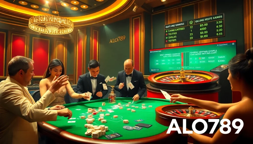 A dynamic gaming scene at ALO789 casino showcasing poker players at a bustling table.