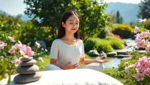 Meditating individual in a tranquil garden, promoting emotional wellbeing and mindfulness.