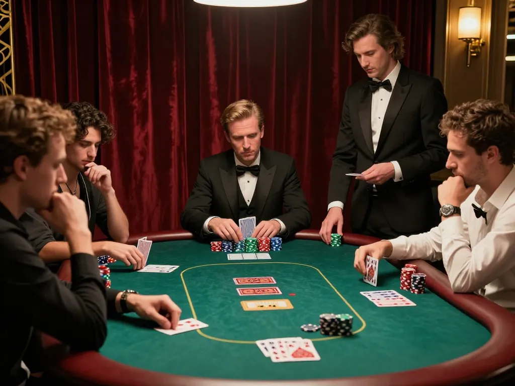 Players strategizing at a Poker table in Jogoluck's luxury casino atmosphere.