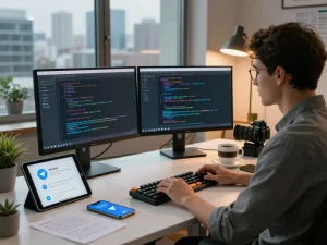 在现代工作空间中探索Telegram下载，展示专业人士使用双屏和在各种设备上运行的Telegram应用程序。