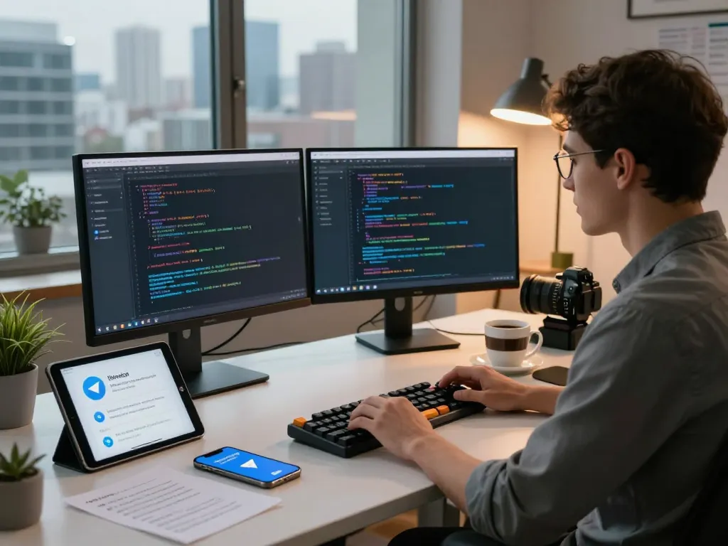 在现代工作空间中探索Telegram下载，展示专业人士使用双屏和在各种设备上运行的Telegram应用程序。