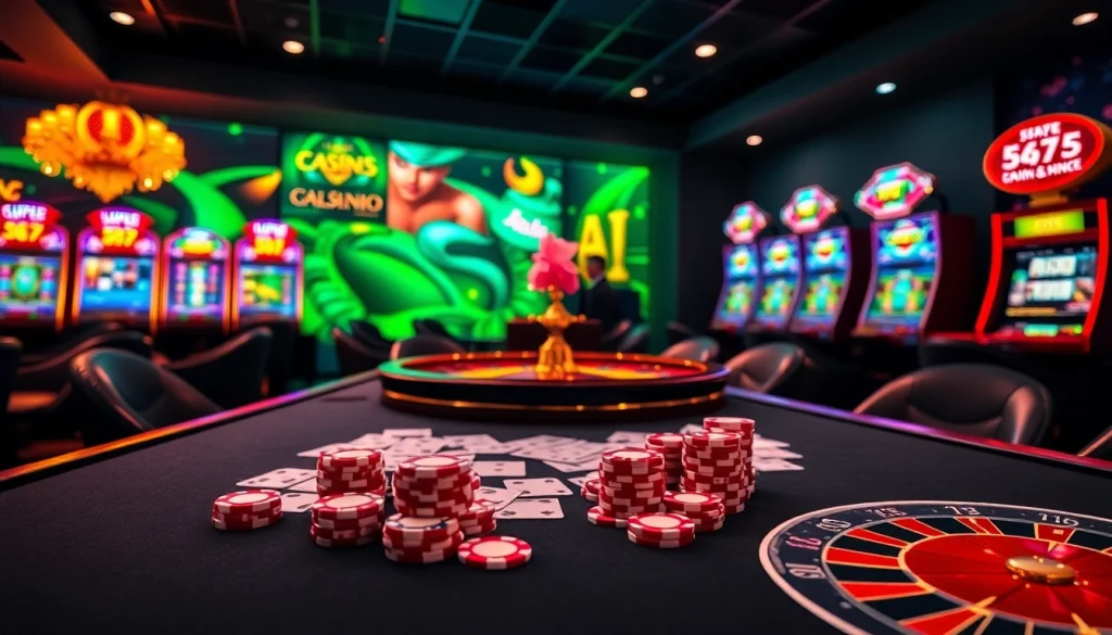 L567 casino scene showcasing players engaging at tables with vibrant slot machines and poker chips.