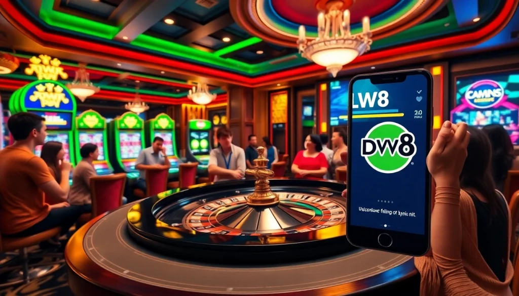 Players experiencing excitement at roulette and slot machines with DW8 branding in a sophisticated casino.