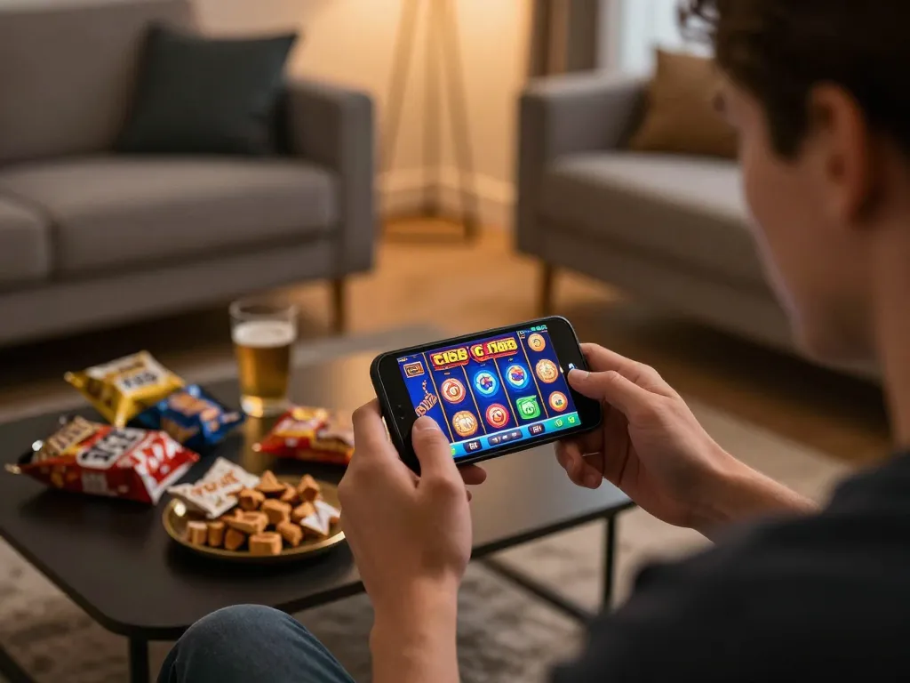 C168 gaming experience on smartphone with vibrant slot graphics in a cozy home.