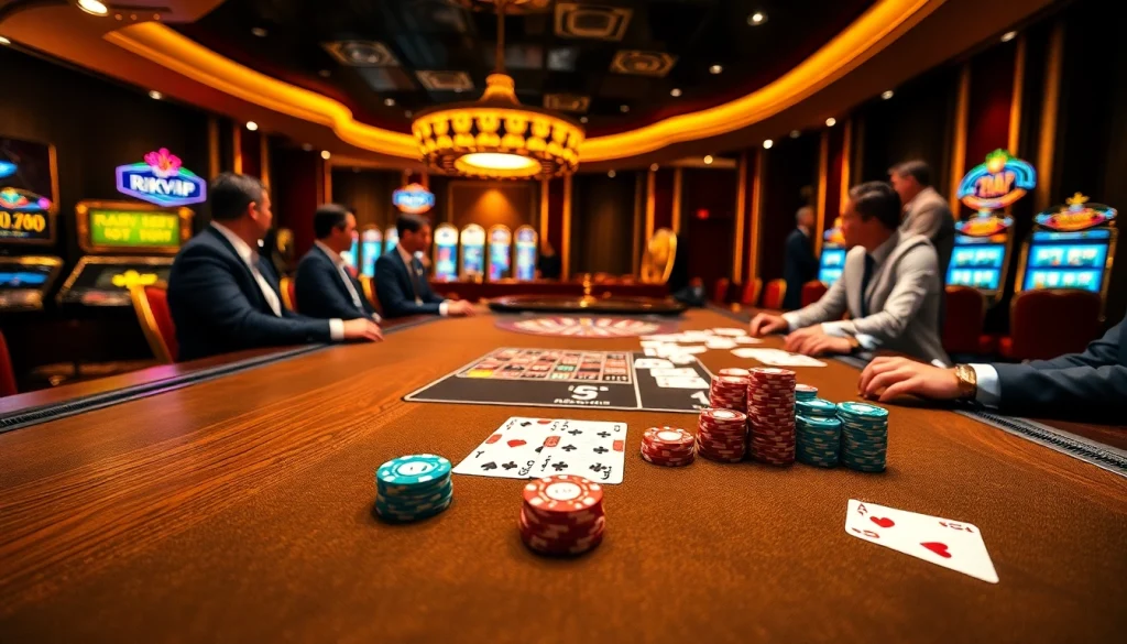 Players engaging in an exciting poker game at rikvip, surrounded by vibrant casino atmosphere.