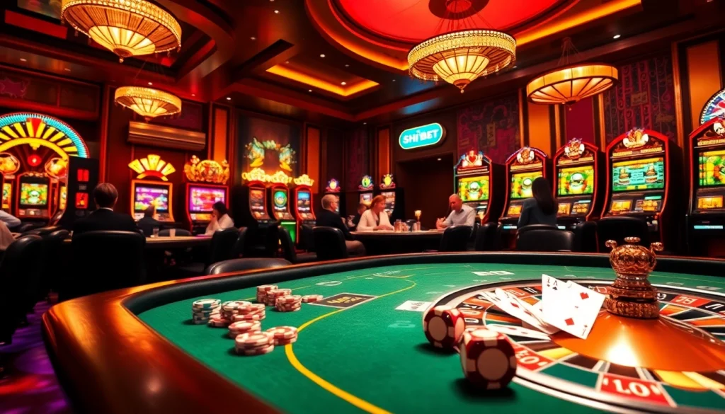 Players enjoying a vibrant poker game at SHBET's sophisticated casino, surrounded by chips and roulette.