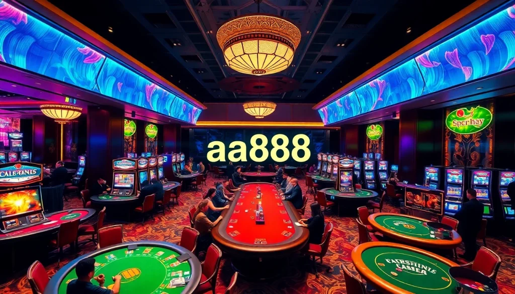 Experimente a emoção de ganhar na aa888, em uma atmosfera de cassino enérgica, repleta de mesas e jogos vibrantes.